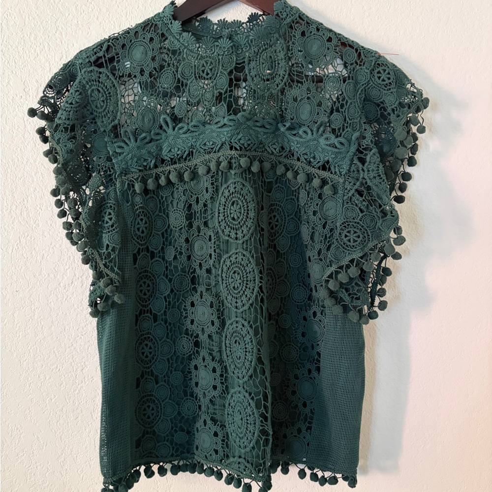 TULAROSA Boho Clayton Crochet Lace Pompom Top – Green, Size Small